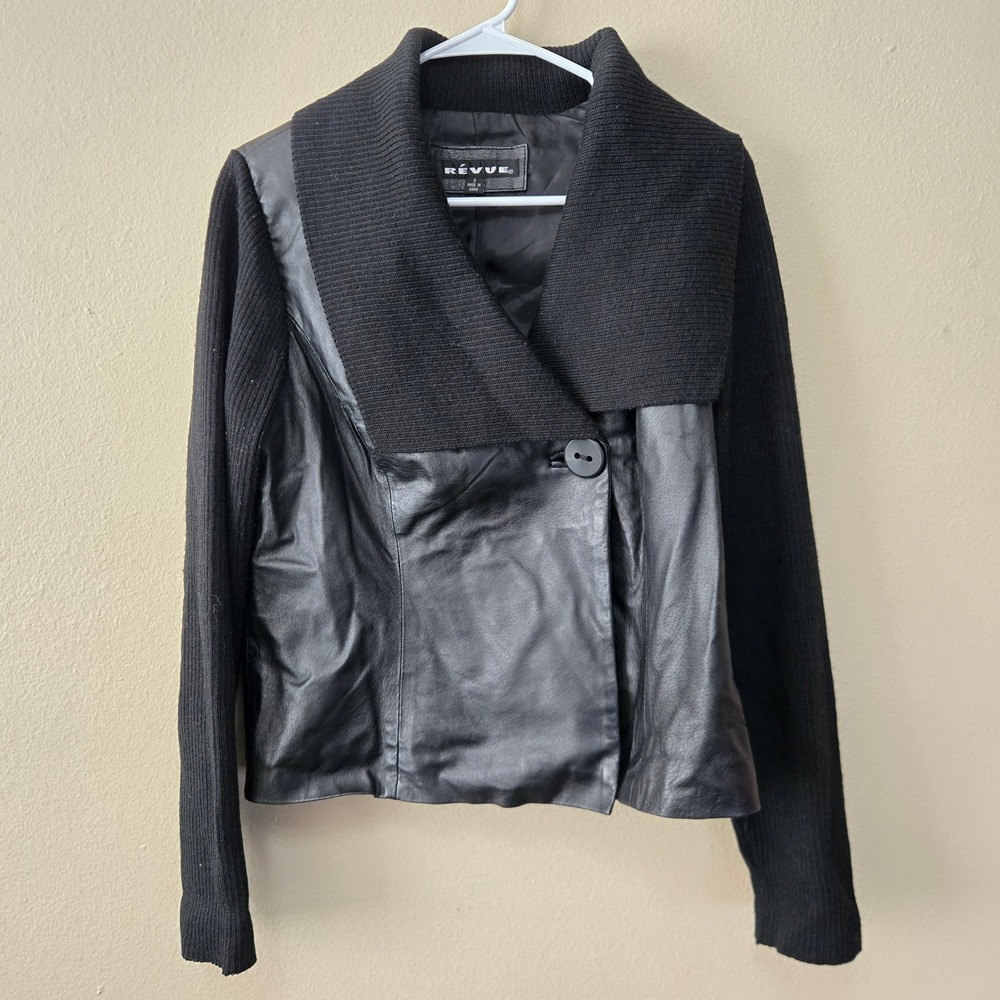 Revue Womens Black Leather Mixed Media Knit Sleeve Shawl Collar Jacket Small